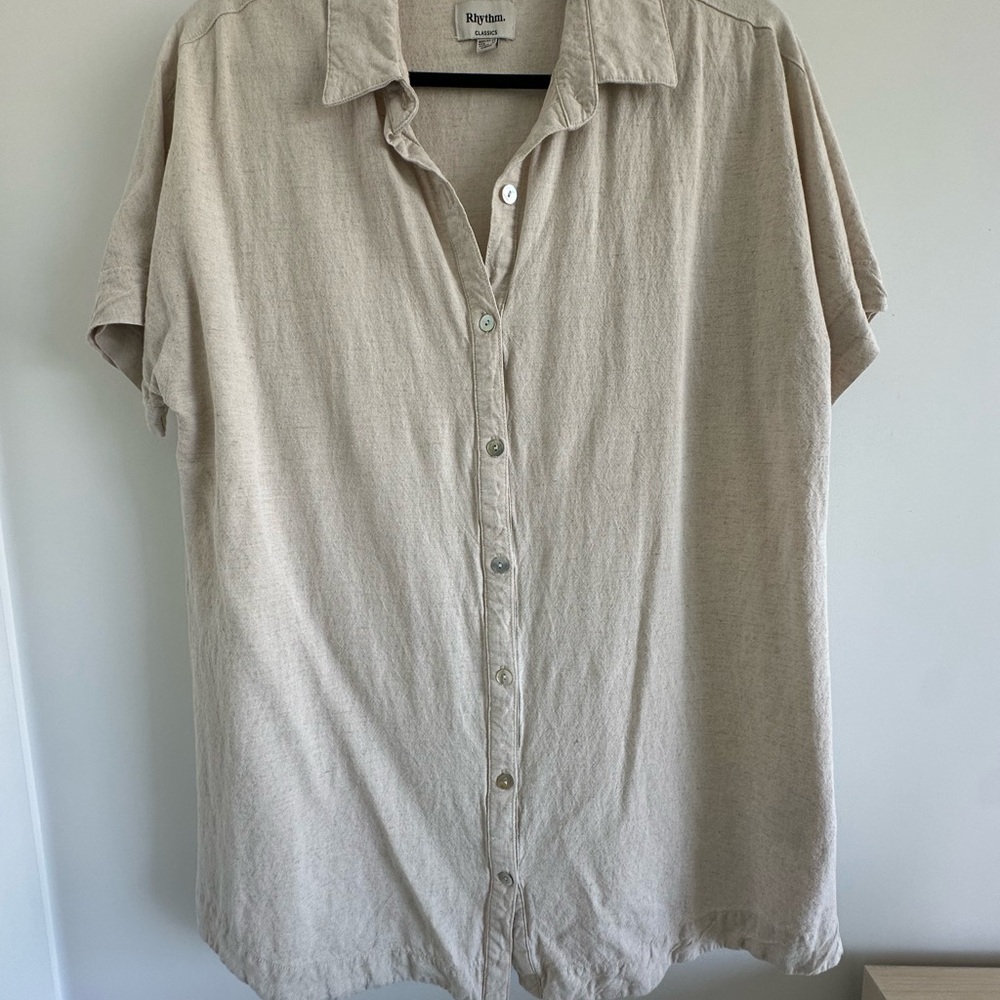 Rhythm Short Sleeve Button-Down Long Shirt or Mini Dress in Light Beige